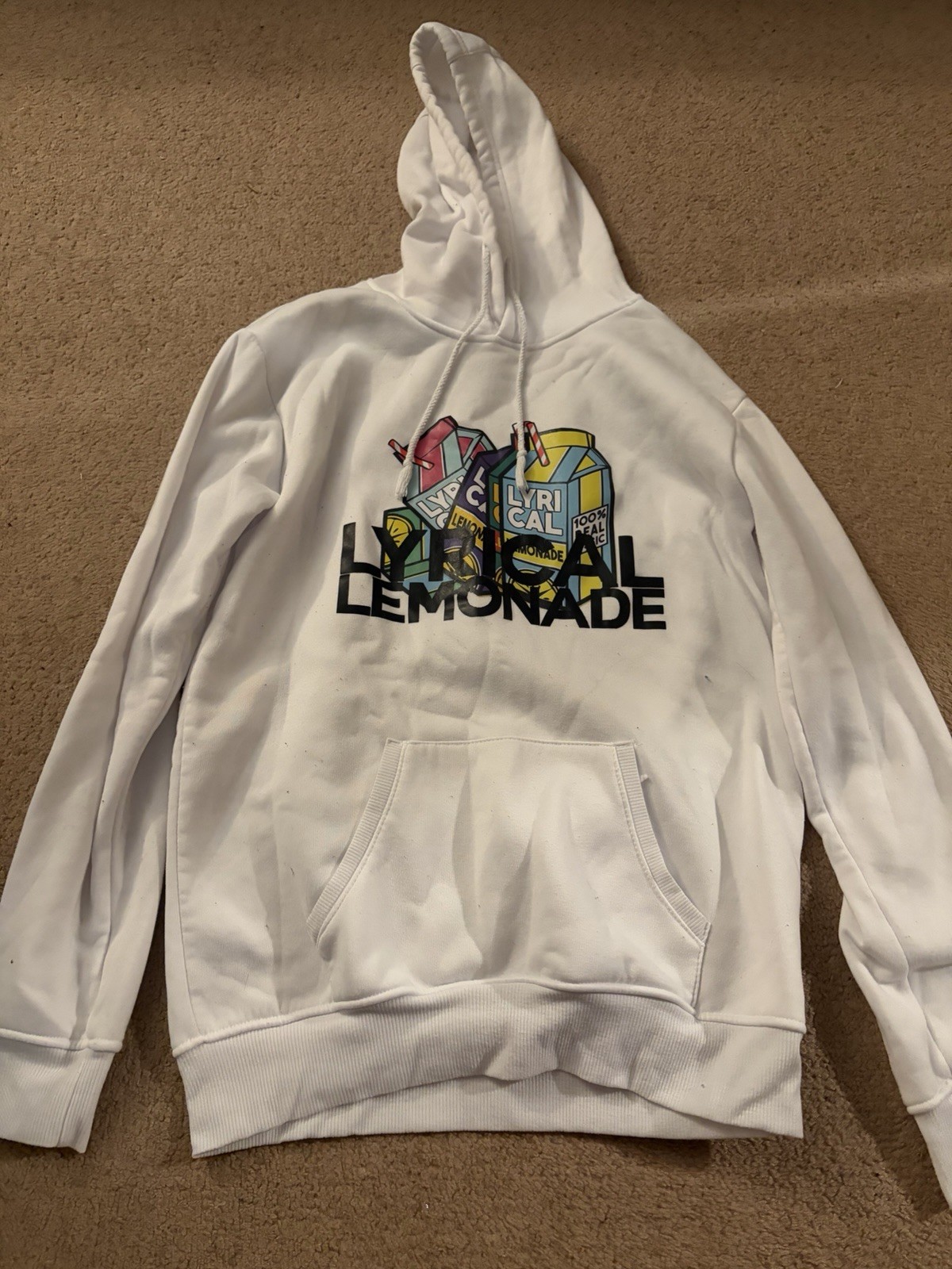White Pullover Hoodie L Regular Graphic Print Food & Drink Hooded Pockets