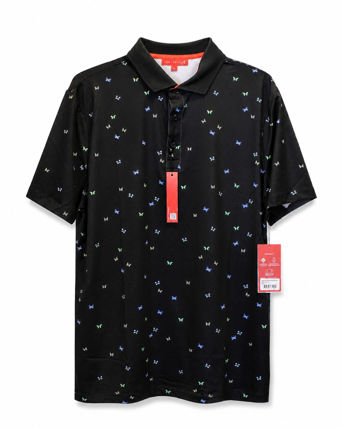Redvanly Fullerton Activewear Polo Shirt Black Butterfly Print R2314 NWT Size L