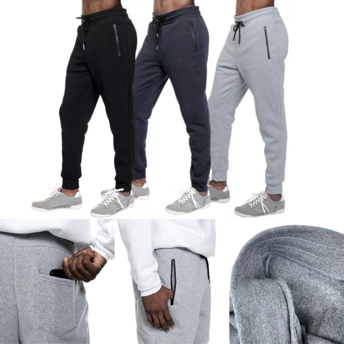 3 PACK Men’s Fleece Lined Slim Fit Casual Tech Jogger Sweatpants Zipper Pockets