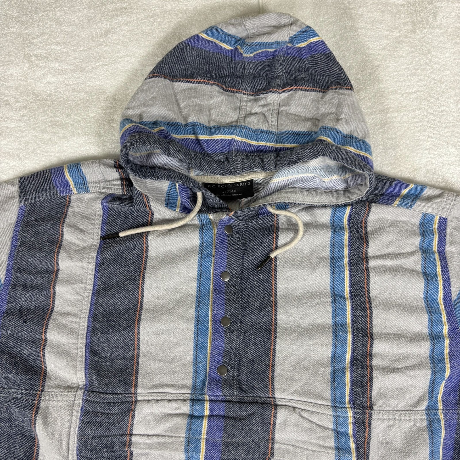 No Boundaries Hoodie Mens L Grey Blue Striped Baja Pullover Snap Neck Festival