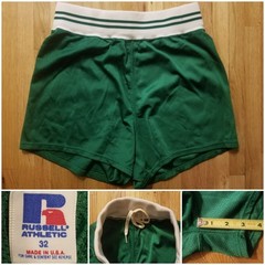 Vintage Green RUSSELL Size 32 Nylon Athletic Wide Band Track Shorts Made In USA