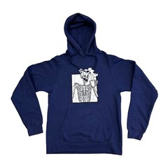 Skeleton Smiling Drinking Coffee Hoodie Blue Ring Spun SMALL Sweatshirt