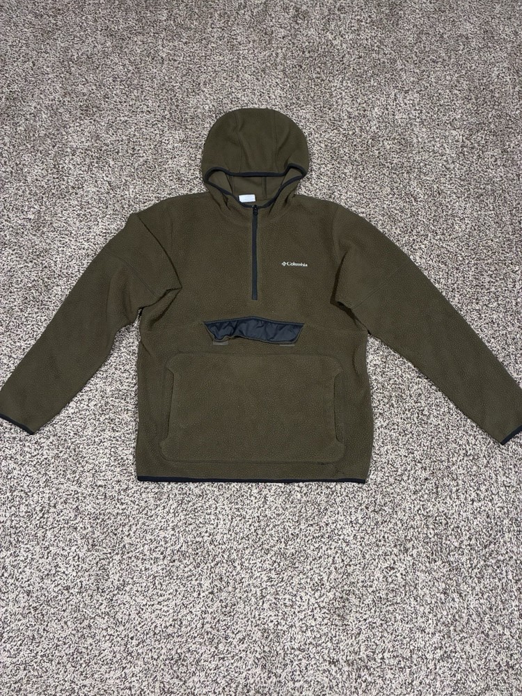 Columbia Men’s M Green Solid Fleece 1/4 Zip Pullover Hoodie Logo Pockets