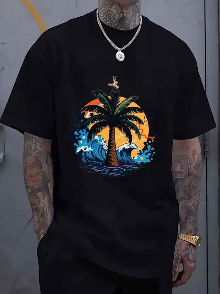 Plus Size – Palm Tree Ocean Sunset Pattern T-Shirt, Colorful Printed Round Nec