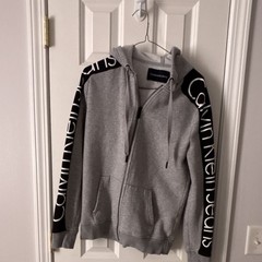 Calvin Klein Jeans Men’s Gray Colorblock Full Zip Hoodie Logo Sleeve Tape S