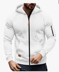 Men’s Solid-color Pocket Zipper Long-sleeved Casual Hoodie Jacket 3 XL White